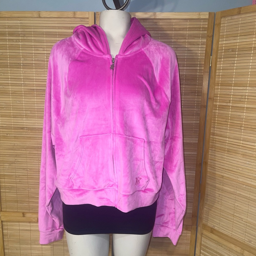 Victoria's Secret On Point Plush Velour Bright Pink Full Zip Logo Hoodie large